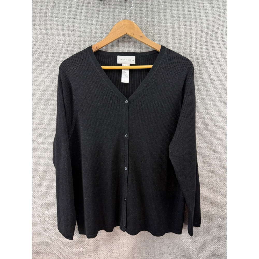 August Silk Womens 2X Silk Blend Black Metallic Ribbed V-Neck Cardigan Sweater